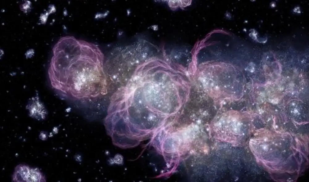Arte del universo primitivo, en los primeros 300.000 años después del Big Bang, y la formación de galaxias. Foto:  A. Schaller (STScI)