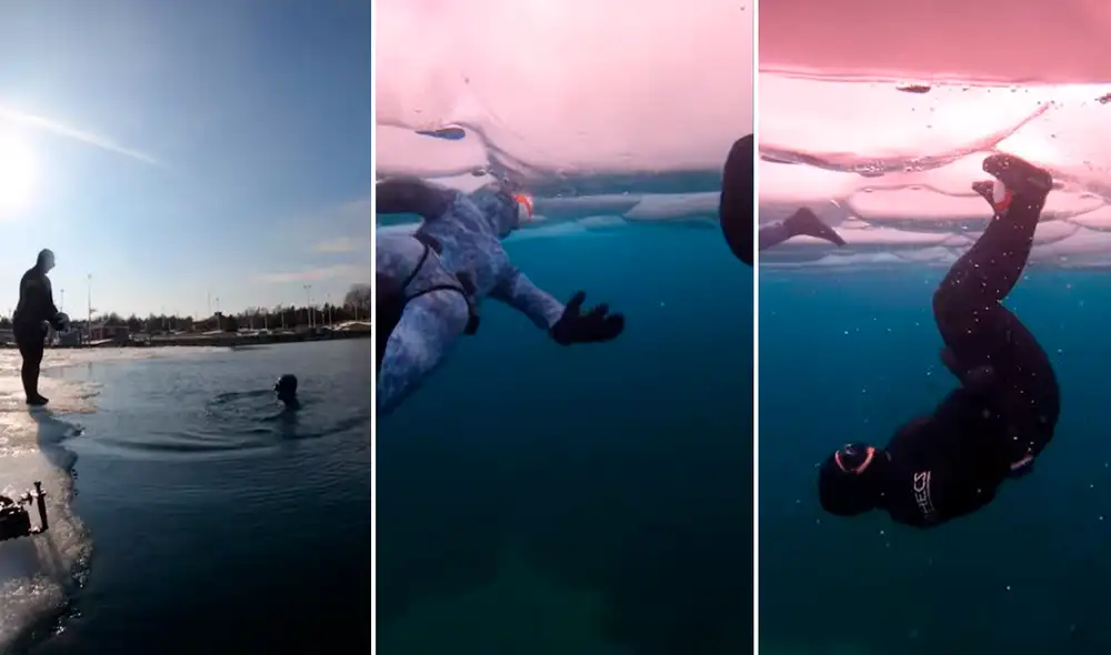 Los jóvenes desafiaron las frías aguas de un lago para jugar al futbol de cabeza. Foto: captura de TikTok