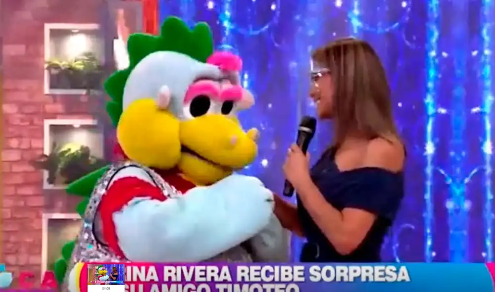Karina Rivera se conmovió al reencontrarse con Timoteo luego de muchos años. Foto: captura/América TV