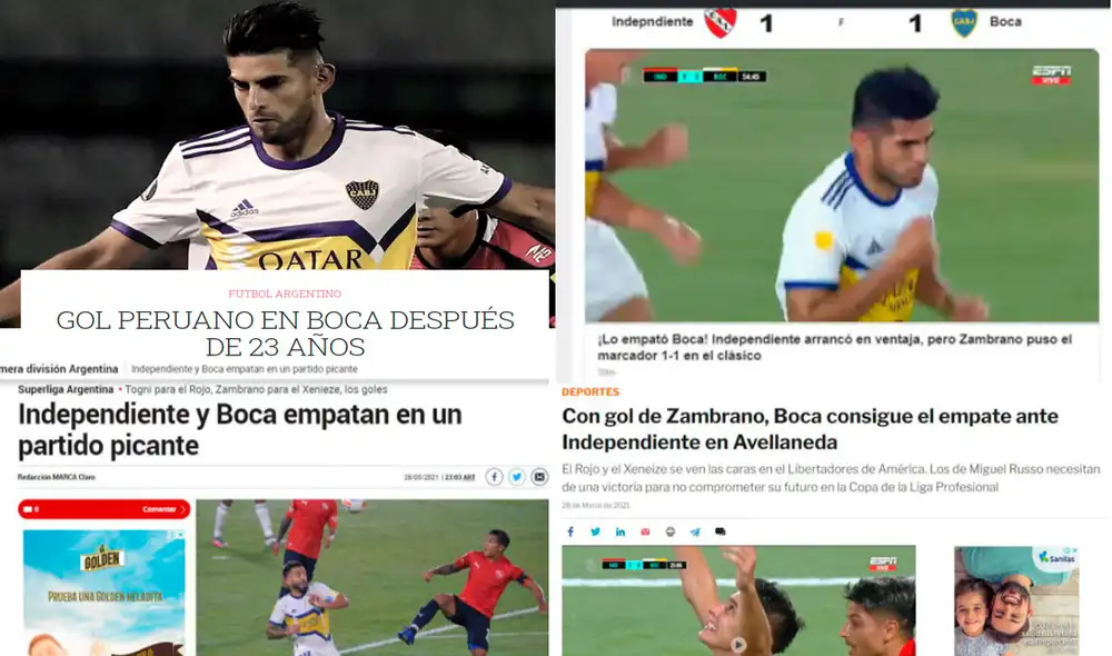 Prensa argentina le dedicó portadas a Carlos Zambrano tras su primer gol con Boca Juniors. Foto: Difusión Prensa argentina le dedicó portadas a Carlos Zambrano tras su primer gol con Boca Juniors. Foto: Difusión