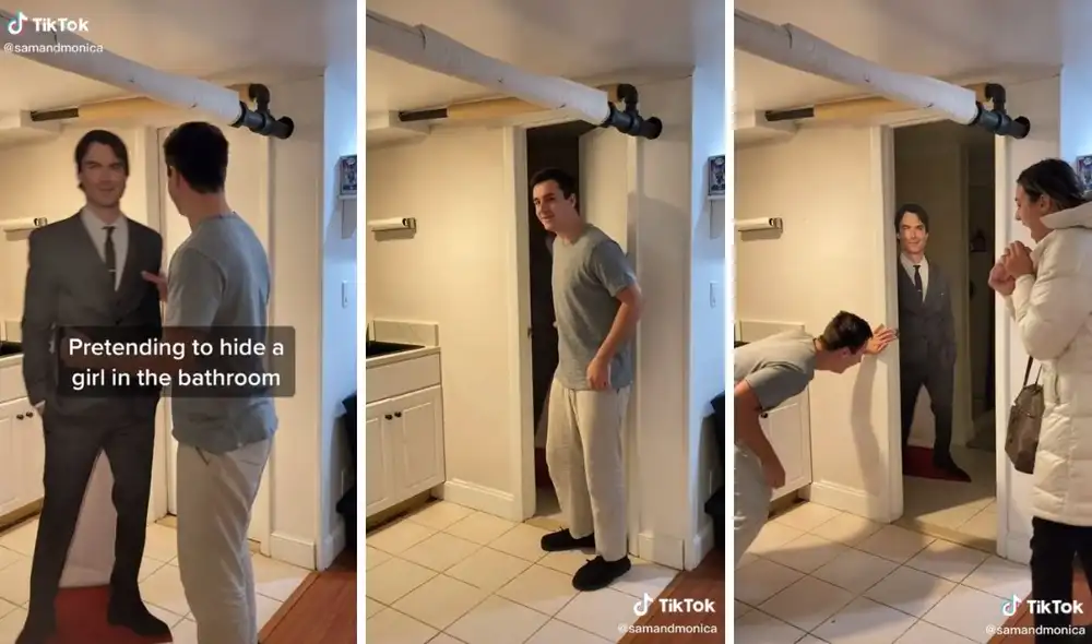 La muchacha tenía sospechas, pero aun así saltó del susto. Foto: captura de TikTok/@samandmonica