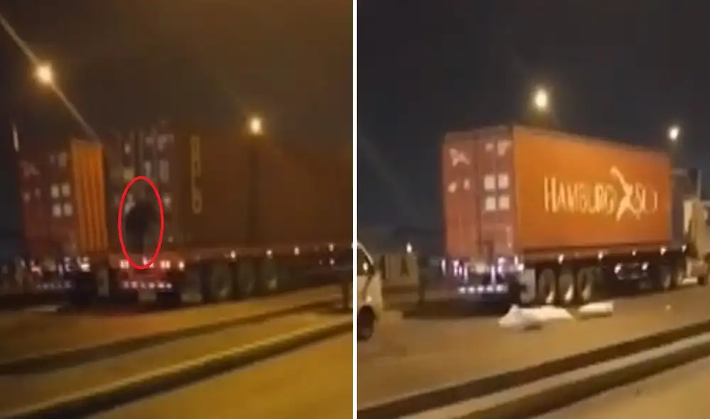 Uno de los delincuentes se trepa a la parte posterior del contenedor y procede a arrojar la carga. Foto: composición La República/Panamericana Televisión