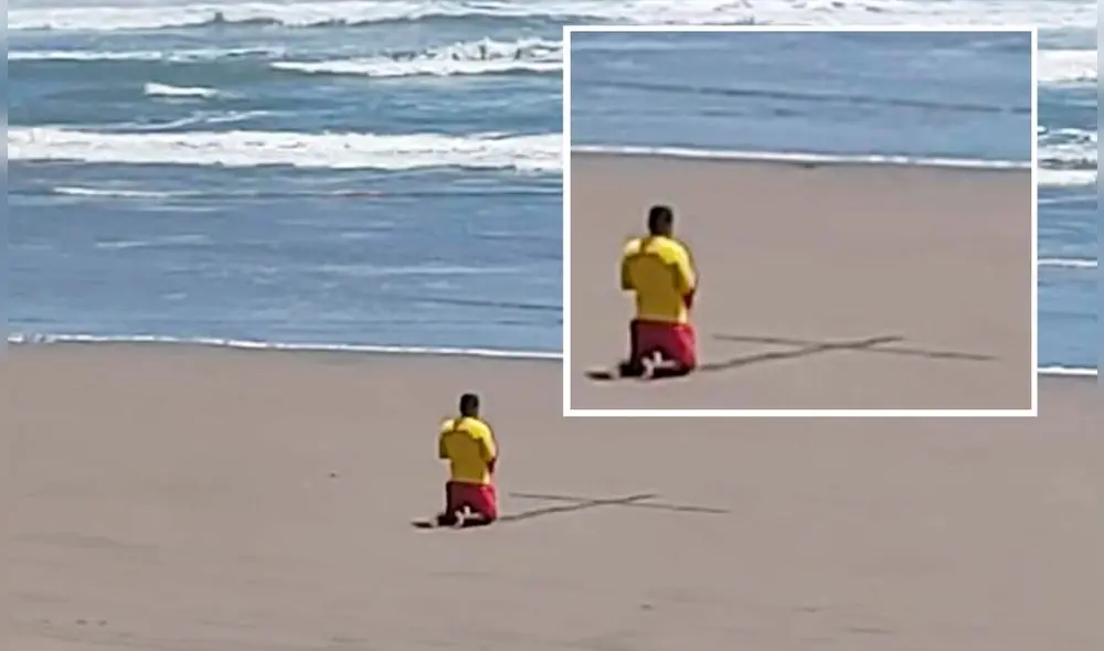 De rodillas, policía reza ante avance de la COVID-19 en el norte. Foto: Facebook Lorena Arbulú