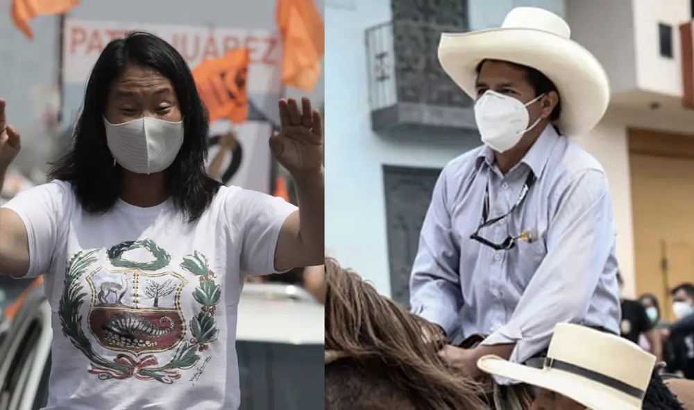 Pedro Castillo y Keiko Fujimori se perfilan como los candidatos que pasarán a segunda vuelta, según el conteo rápido de Ipsos al 69,1%. Foto: Composición LR Pedro Castillo y Keiko Fujimori se perfilan como los candidatos que pasarán a segunda vuelta, según el conteo rápido de Ipsos al 69,1%. Foto: Composición LR