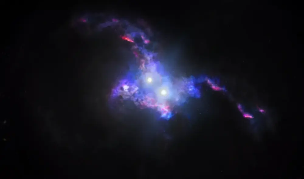 Los cuásares detectados aparentemente están muy juntos, sin embargo, los separa 10.000 años luz. Foto: NASA, ESA y J. Olmsted (STScI)