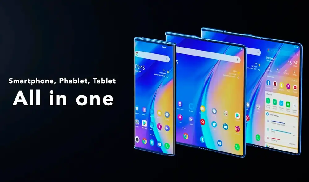 Se trata del teléfono conceptual llamado Fold 'n Roll, que ofrece la experiencia de un smartphone, phablet y tablet en un equipo. Foto: captura de YouTube