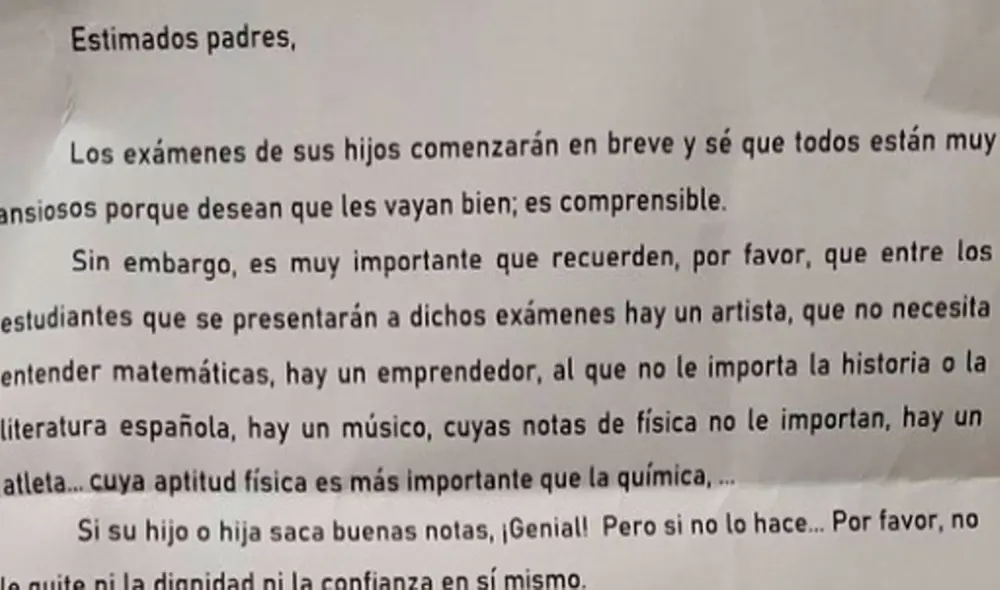 El director de un colegio español escribió un extenso mensaje dedicado a los padres, con la intención de que alienten a sus hijos durante los exámenes. Foto: Twitter El director de un colegio español escribió un extenso mensaje dedicado a los padres, con la intención de que alienten a sus hijos durante los exámenes. Foto: Twitter