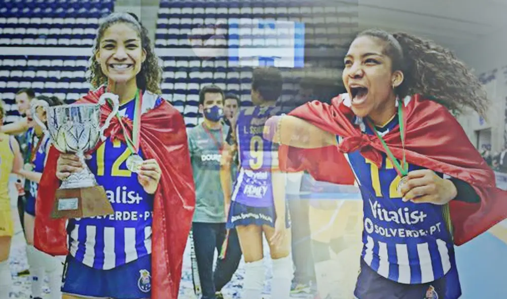 Carla Rueda celebrando el título de vóley con el FC Porto. Foto: composición GLR/Giselle Ramos