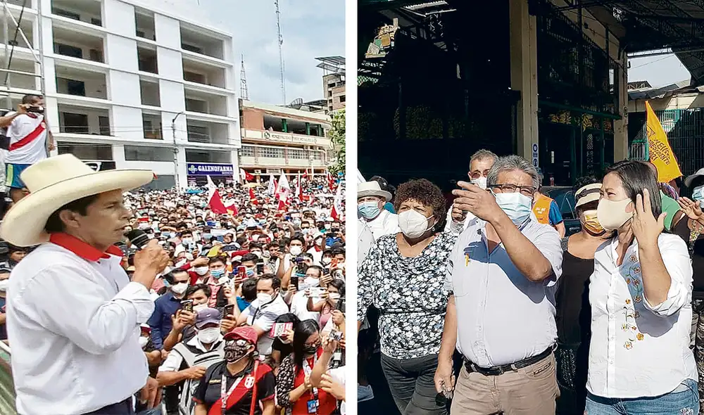 Castillo continúa con su campaña en Cajamarca, mientras que Fujimori brindó entrevistas y visitó mercados en San Luis. Foto: composición