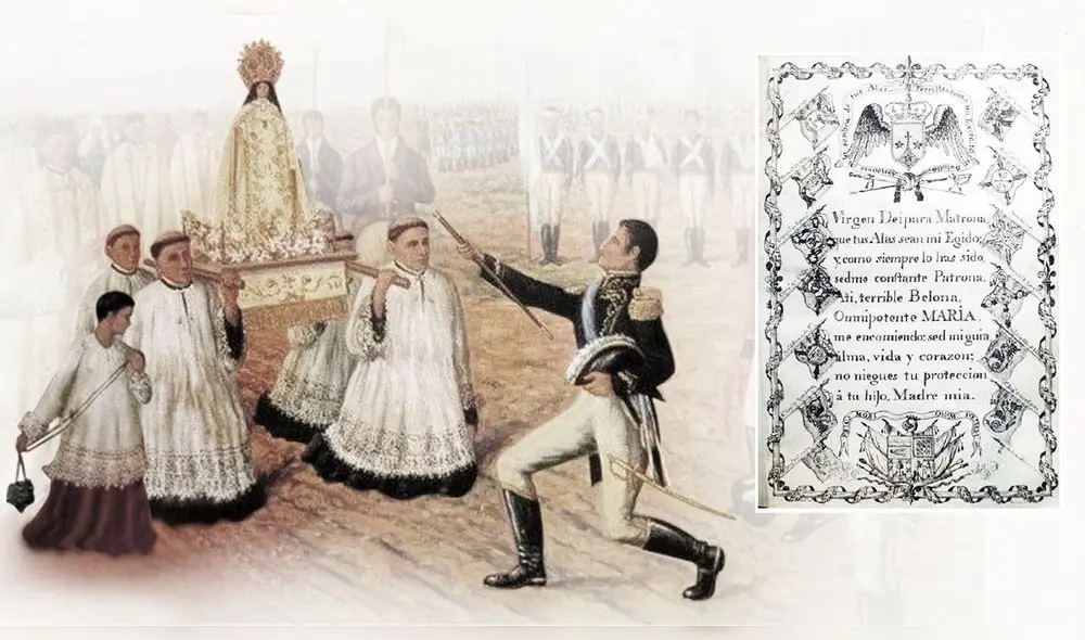 Manuel Belgrano ofrendando
a la Virgen de las Mercedes el bastón de mando del ejército del Norte, que él comandaba, antes de la victoria en la batalla de Tucumán, en 1812. Arriba, portada del Compendio de Joaquín de la Pezuela. Manuel Belgrano ofrendando
a la Virgen de las Mercedes el bastón de mando del ejército del Norte, que él comandaba, antes de la victoria en la batalla de Tucumán, en 1812. Arriba, portada del Compendio de Joaquín de la Pezuela.