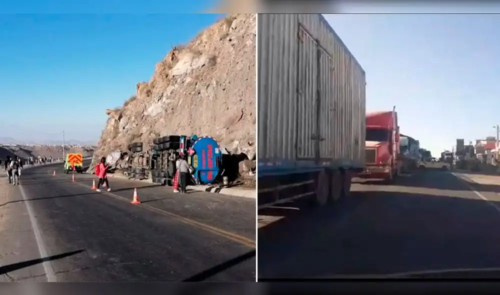 Vía permanecía bloqueada hasta la mañana de este lunes. Foto: composición La República