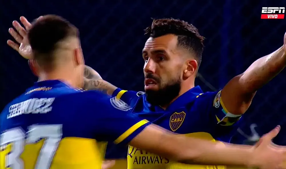 Tévez abrió el marcador ante Santos en la Bombonera por la Copa Libertadores 2021. Foto: captura ESPN Tévez abrió el marcador ante Santos en la Bombonera por la Copa Libertadores 2021. Foto: captura ESPN