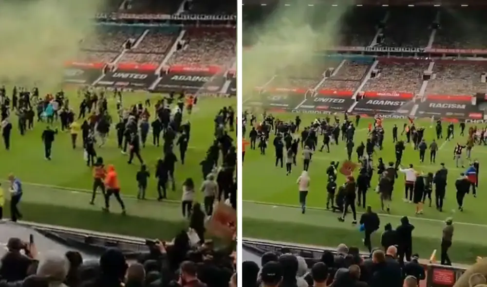El partido entre Manchester United y Liverpool se retraso por el ingreso de hinchas al campo. Foto: captura Twitter