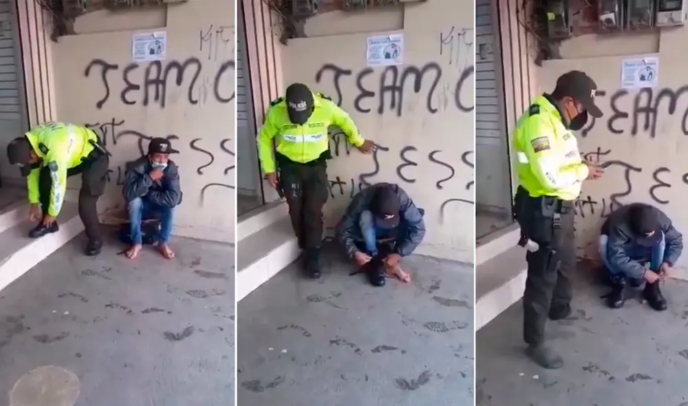 El uniformado ecuatoriano se descalza y entrega sus botas reglamentarias al migrante en un gesto de solidaridad. Foto: captura de Twitter