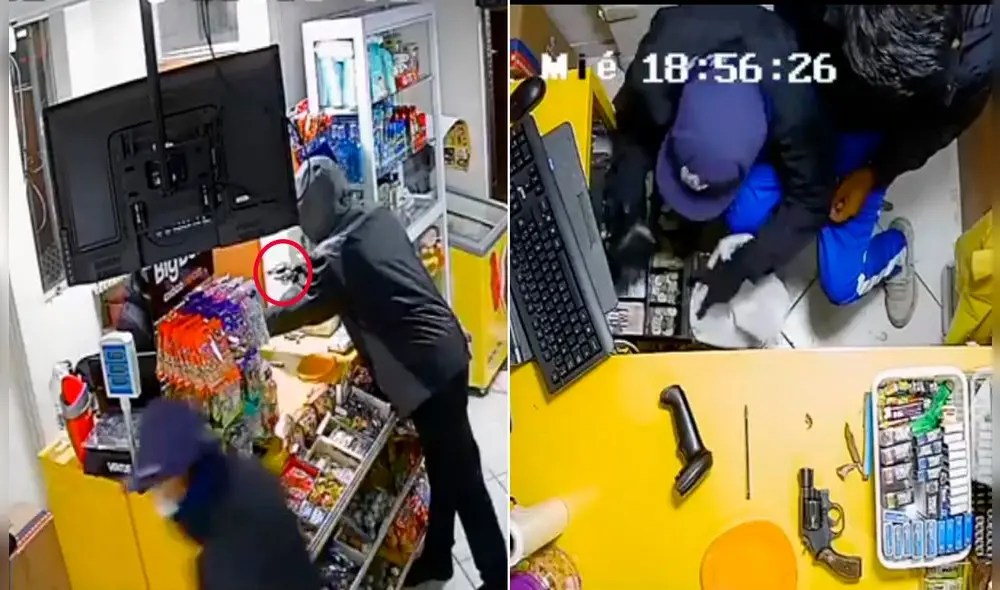 Asaltantes permanecieron en la tienda por menos de tres minutos. Foto: captura video Frase Corta