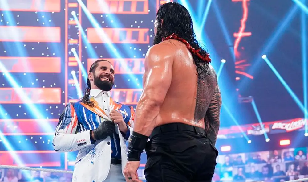 Seth Rollins y Roman Reigns coincidieron en el final de WrestelMania Backlash 2021. Foto: WWE
