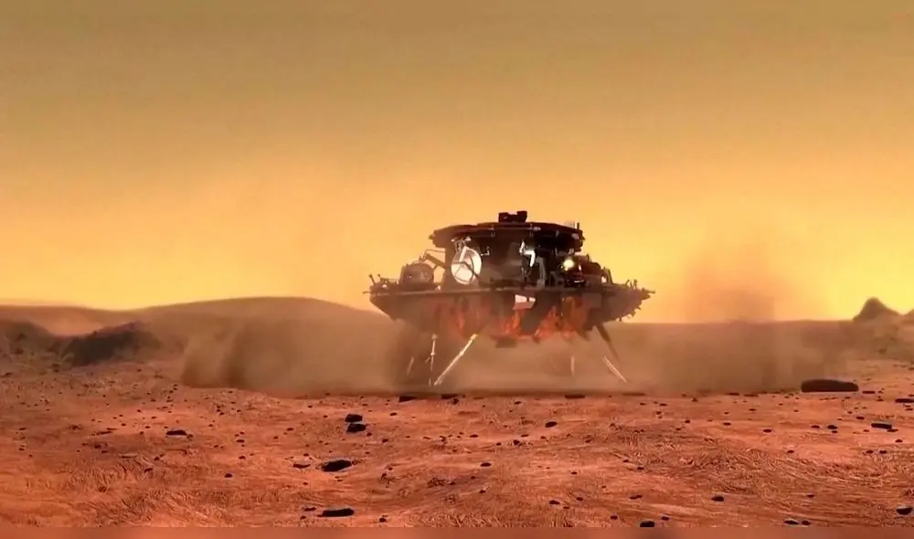 Arte conceptual del módulo de aterrizaje que llevó a Marte al rover chino