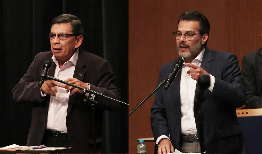 Hernando Cevallos y Jesús Recoba debatiendo en el encuentro de equipos técnicos organizado por el Jurado Nacional de Elecciones. Foto: La República
