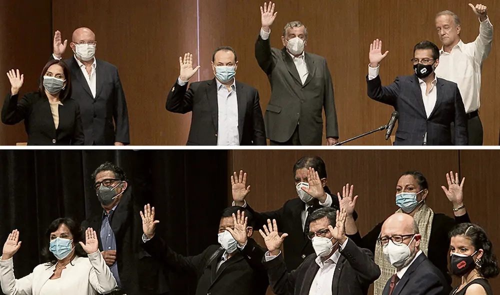 Los equipos de Fuerza Popular (parte superior) y de Perú Libre (parte inferior). El primero se preocupó por insistir que sus contrincantes demuestran improvisación. El segundo se enfocó en recordar el autoritarismo y la corrupción del fujimorismo. Foto: Aldair Mejía/La República