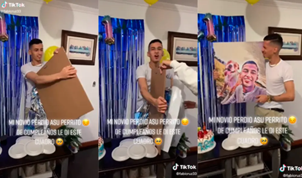 El hombre no pudo contener el llanto al recibir el cuadro con una imagen de él junto a su difunta mascota. Foto: captura de TikTok El hombre no pudo contener el llanto al recibir el cuadro con una imagen de él junto a su difunta mascota. Foto: captura de TikTok