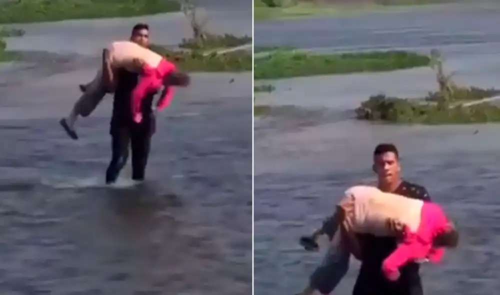Hombre lleva a una anciana mientras cruzan el río Bravo hacia Estados Unidos desde México. Foto: captura Video