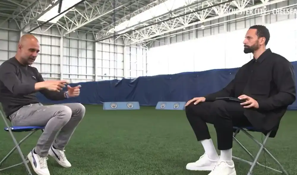 Guardiola conversa con Rio Ferdinand sobre la final de la Champions entre Manchester City y Chelsea. Foto: BT Sport Guardiola conversa con Rio Ferdinand sobre la final de la Champions entre Manchester City y Chelsea. Foto: BT Sport