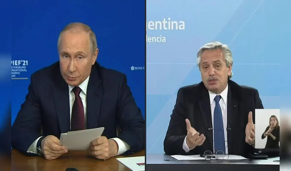 Los presidentes Vladímir Putin (Rusia) y Alberto Fernández (Argentina) mantuvieron un encuentro virtual durante este viernes 4 de junio de 2021. Foto: composición AFP