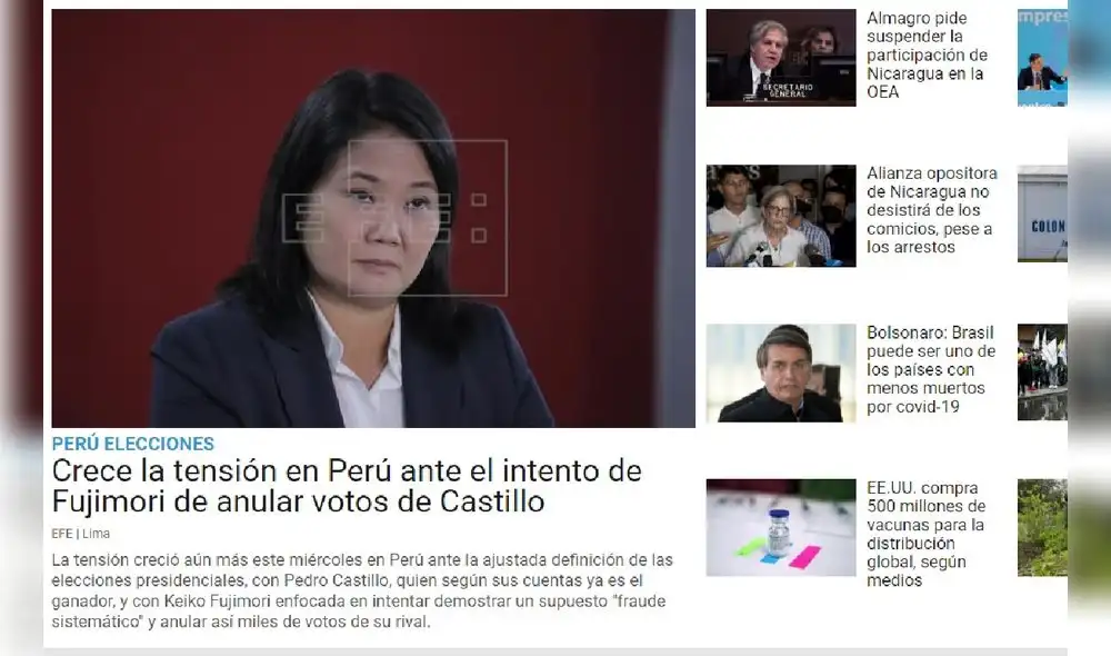 Publicación de EFE sobre situación actual en Perú. Foto: captura web