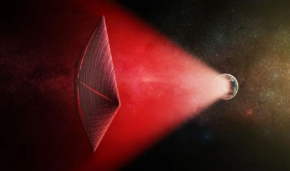 Ilustración de una vela impulsada por rayos láser generados en la superficie terrestre. Imagen: M. Weiss/CfA