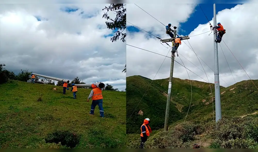 Tras una hora de caminata, personal instaló postes para mejorar energía eléctrica en Cañaris. Fotos: ENSA.