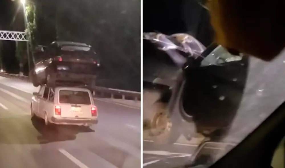 Un automóvil circulaba por una autopista con otro vehículo chocado encima. Foto: captura de YouTube Un automóvil circulaba por una autopista con otro vehículo chocado encima. Foto: captura de YouTube