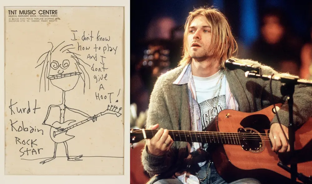 El objeto tiene dos mensajes del músico: “Kurdt Kobain Rock Star” y “¡No sé tocar y me importa un carajo!”. Foto: Composición / Captura