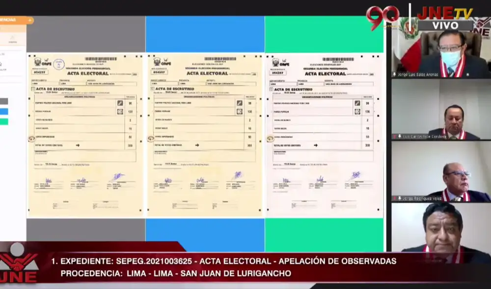 Pleno del JNE revisa ocho expedientes de apelación de actas observadas. Foto: captura Facebook
