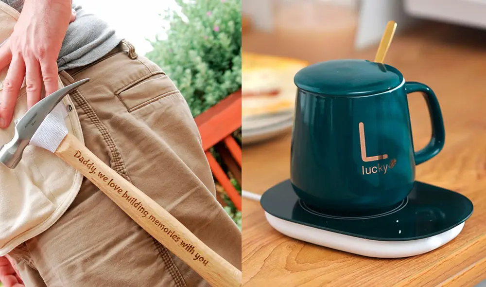 Un martillo personalizado o un calentador de tazas USB pueden ser el regalo ideal en el Día del Padre. Foto: composición/Marked Moments Keepsakes/Aliexpress