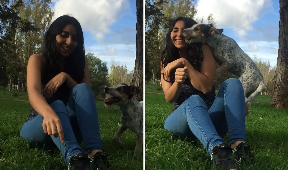 Una joven quería tomarse unas fotografías durante un paseo al parque; sin embargo, su travieso perro apareció y se colocó a su costado. Foto: Johan Reyes/Facebook