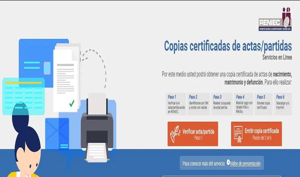 El Reniec presentó un nuevo servicio en línea: https://apps.reniec.gob.pe/actascertificadas para la solicitud de copias certificadas de actas de nacimiento, matrimonio y defunción. Foto: captura de pantalla Reniec
