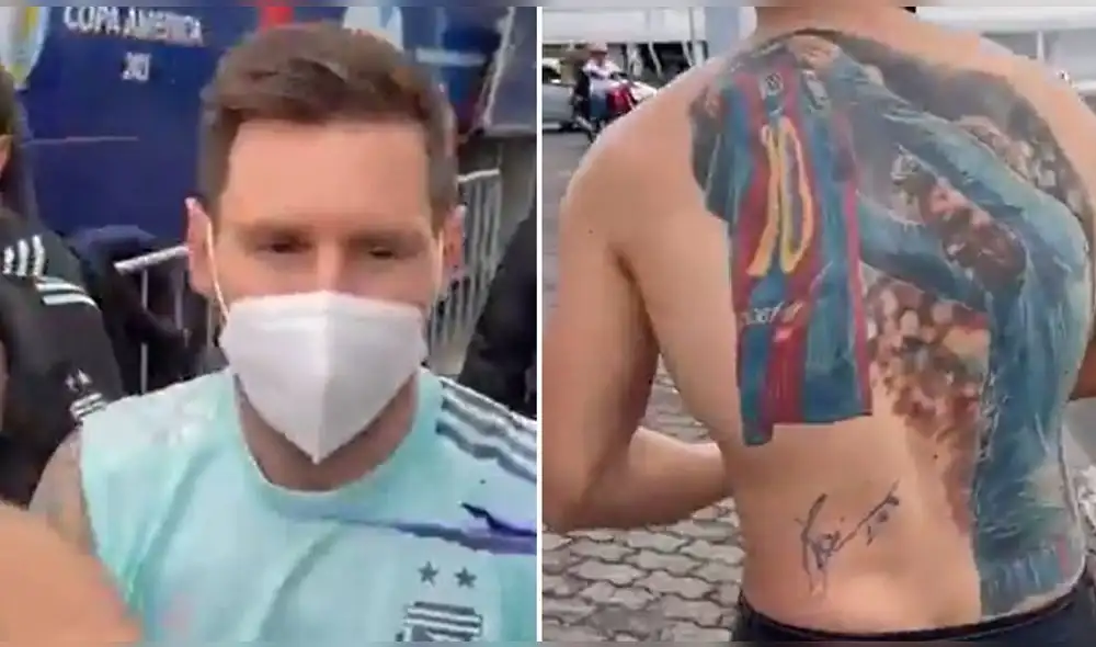 Lionel Messi conoció al brasileño que se tatuó su celebración. Foto: captura/Movistar Deportes Lionel Messi conoció al brasileño que se tatuó su celebración. Foto: captura/Movistar Deportes