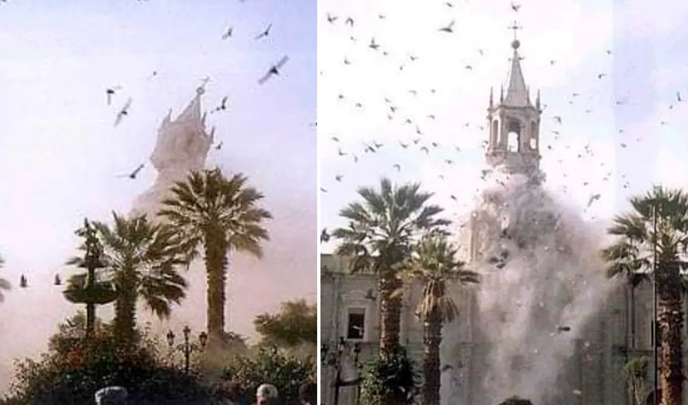Terremoto hizo caer una de las torres de la Catedral de Arequipa en el 2001. Foto: Fernando Choquecota Terremoto hizo caer una de las torres de la Catedral de Arequipa en el 2001. Foto: Fernando Choquecota
