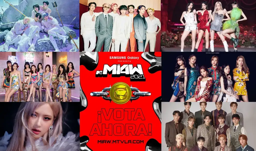 Aquí podrás saber cómo votar por BTS, BLACKPINK, SEVENTEEN, TWICE, TXT, (G)-IDLE, IU y Rosé. Foto: composición LR/MTV Aquí podrás saber cómo votar por BTS, BLACKPINK, SEVENTEEN, TWICE, TXT, (G)-IDLE, IU y Rosé. Foto: composición LR/MTV