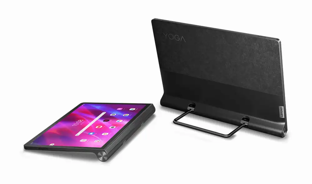 A la izquierda está la Yoga Tab 11 acostada y a la derecha se encuentra la Yoga Tab 13 en su pie de apoyo. Foto: Lenovo