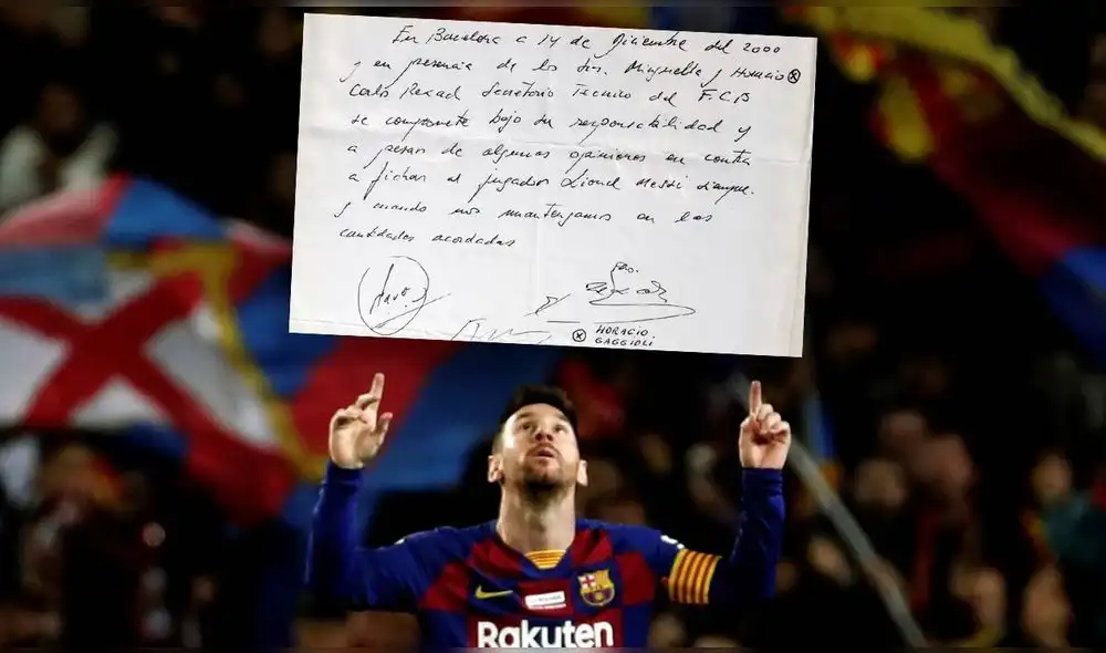 La famosa servilleta que aseguró el fichaje de Lionel Messi para el FC Barcelona. Foto: composición/EFE/difusión La famosa servilleta que aseguró el fichaje de Lionel Messi para el FC Barcelona. Foto: composición/EFE/difusión