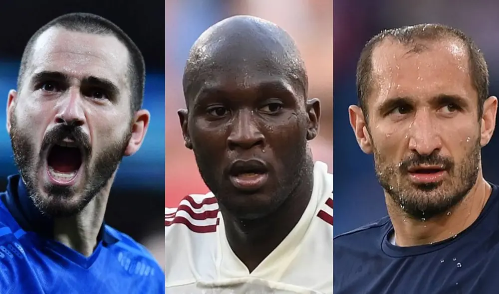 De izquierda a derecha: el italiano Leonardo Bonucci, al delantero belga Romelu Lukaku y al defensor italiano Giorgio Chiellini. Foto: AFP