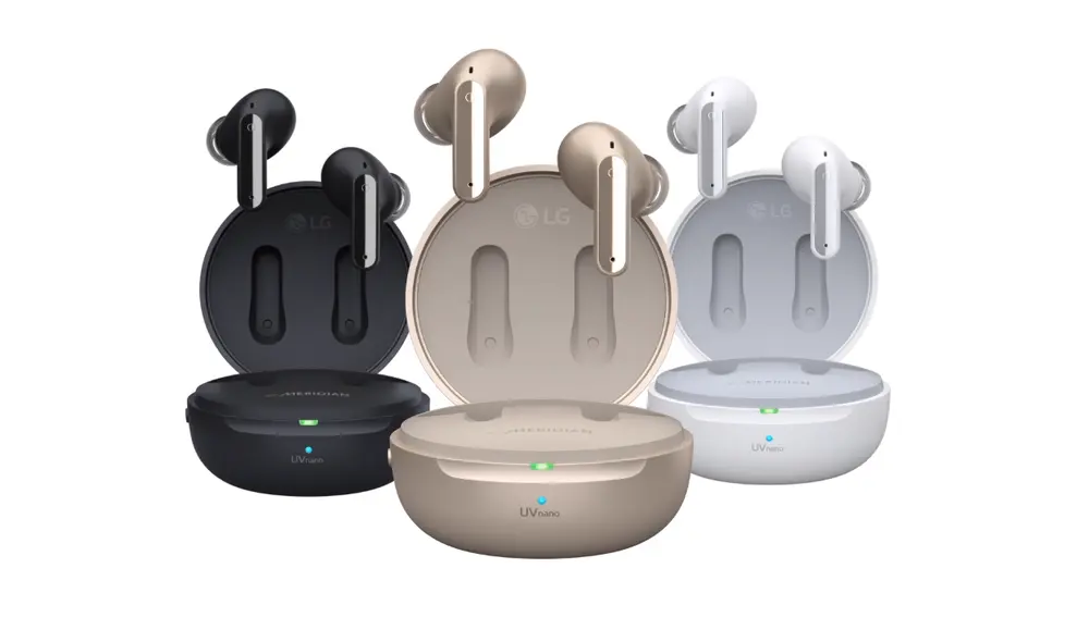 El estuche de carga emite luz ultravioleta para matar los gérmenes en los auriculares. Foto: LG El estuche de carga emite luz ultravioleta para matar los gérmenes en los auriculares. Foto: LG