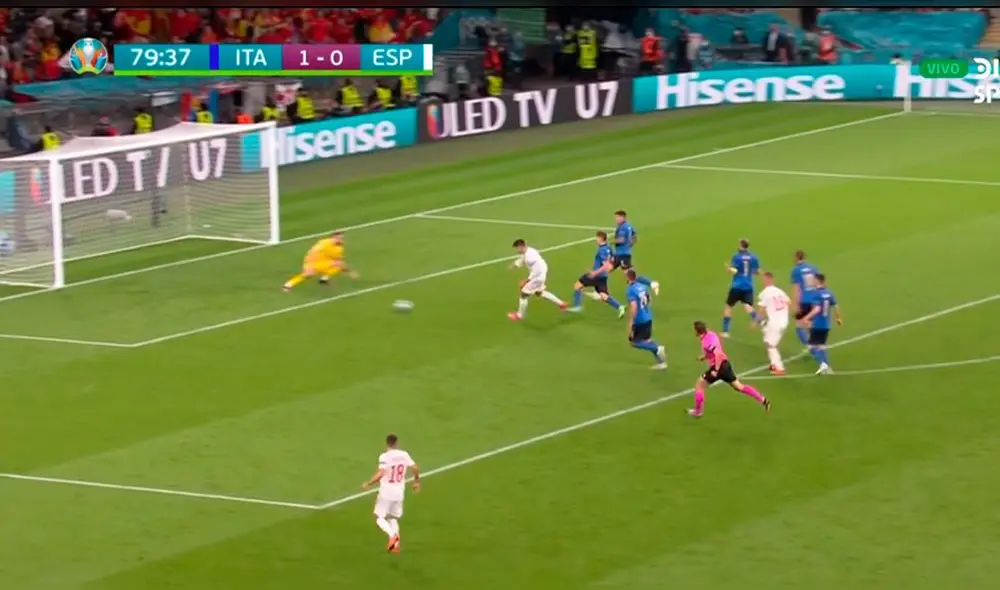 Álvaro Morata finalizó la pared con Dani Olmo con una excelente definición. Foto: captura/DirecTV Sports