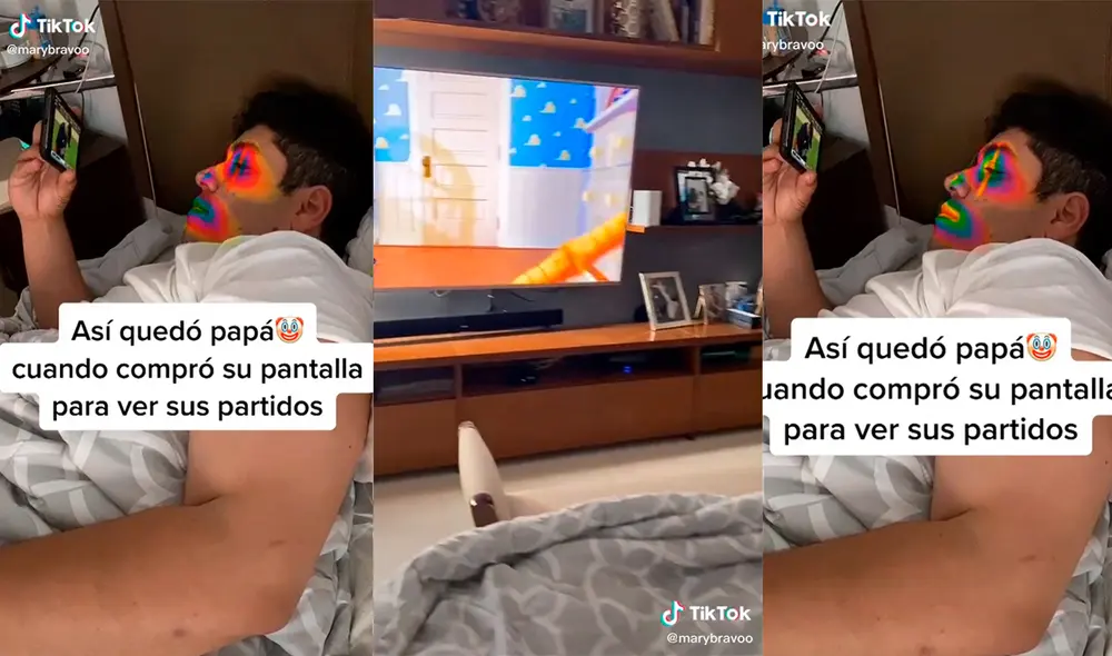 La pareja del sujeto no pudo evitar reírse al ver cómo el hombre prioriza el entretenimiento de su hijo sobre el suyo. Foto: TikTok La pareja del sujeto no pudo evitar reírse al ver cómo el hombre prioriza el entretenimiento de su hijo sobre el suyo. Foto: TikTok