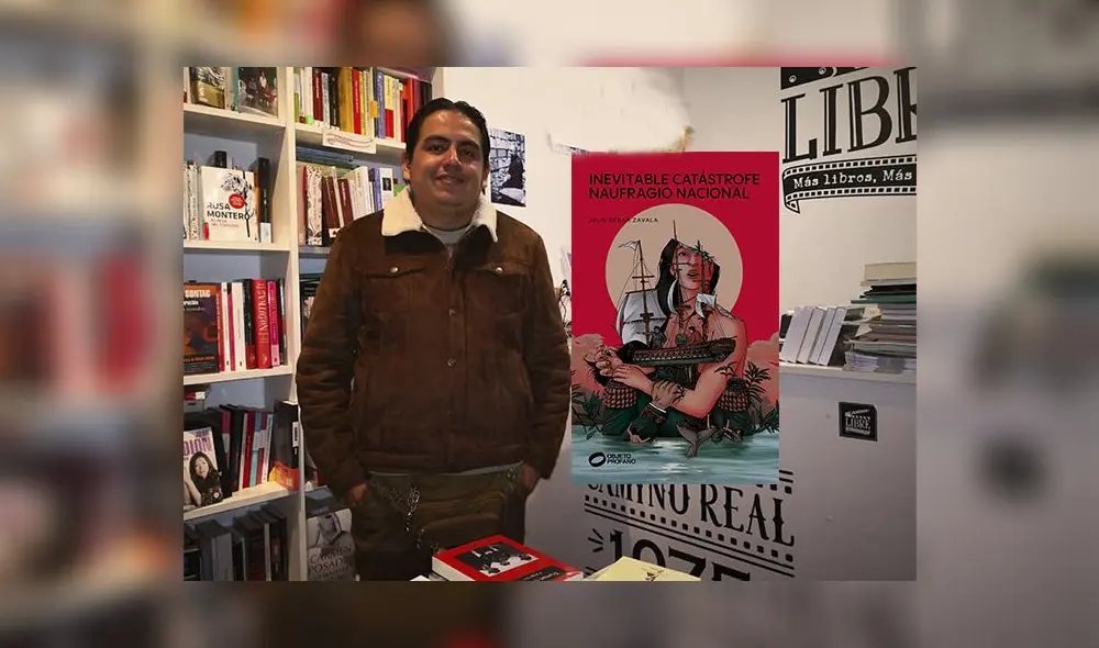Julio César Zavala en la librería Escena Libre. Al lado, portada de su primer poemario.