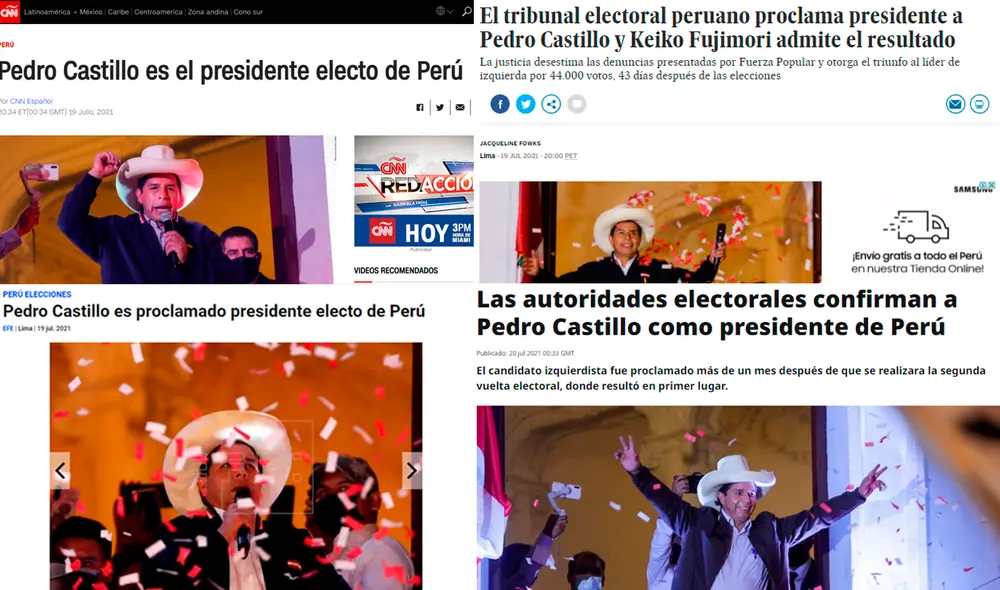Los medios internacionales informaron sobre la proclamación de Pedro Castillo. Foto: composición LR Los medios internacionales informaron sobre la proclamación de Pedro Castillo. Foto: composición LR