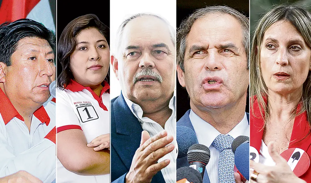 De izquierda a derecha. Waldemar Cerrón y Betsy Chávez por Perú Libre, Jorge Montoya (Renovación Popular), Roberto Chiabra (APP) y Maricarmen Alva (AP), son los voceados para presidir la presidencia del Congreso. Foto: composición / difusión De izquierda a derecha. Waldemar Cerrón y Betsy Chávez por Perú Libre, Jorge Montoya (Renovación Popular), Roberto Chiabra (APP) y Maricarmen Alva (AP), son los voceados para presidir la presidencia del Congreso. Foto: composición / difusión