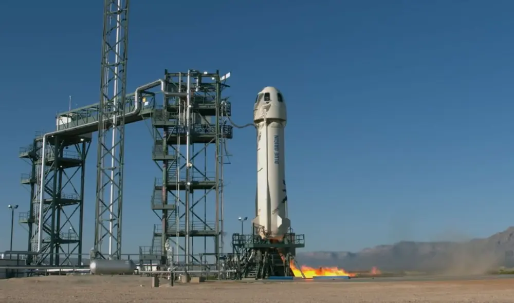 Nave New Shepard de Blue Origin en el lugar de lanzamiento. Foto: Blue Origin