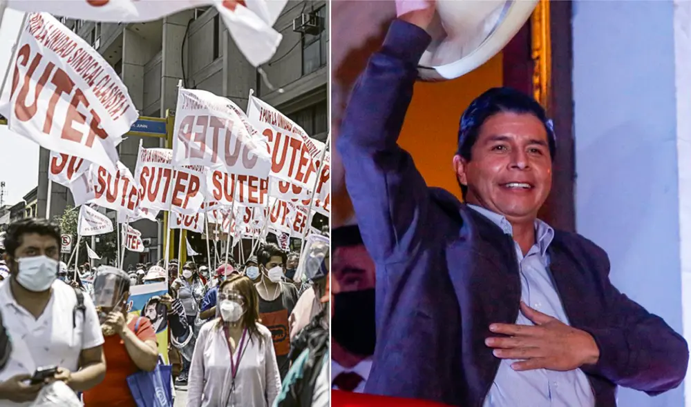 Sutep saludó a Pedro Castillo y recordó su compromiso de destinar el 10% del PBI al sector educación. Foto: composición La República Sutep saludó a Pedro Castillo y recordó su compromiso de destinar el 10% del PBI al sector educación. Foto: composición La República